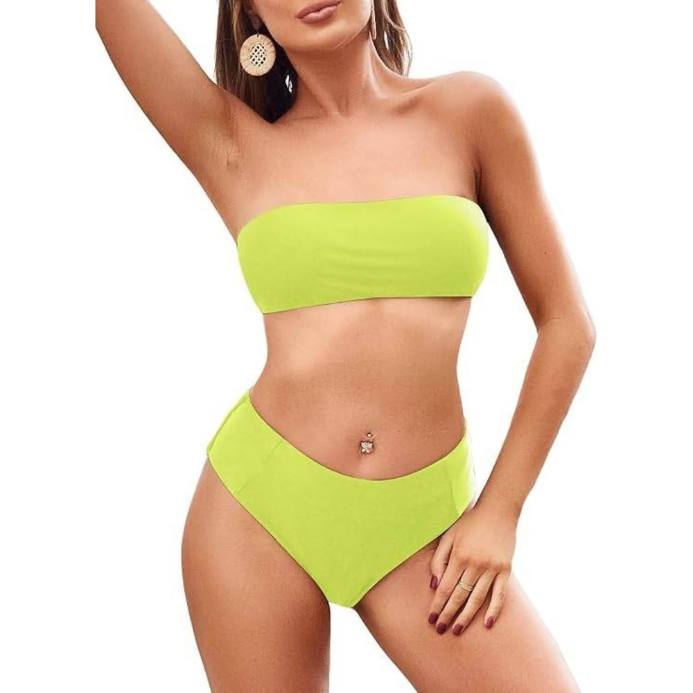 Zaful Neon Yellow Bandeau High Waisted Two Piece Bikini Set Size Medium